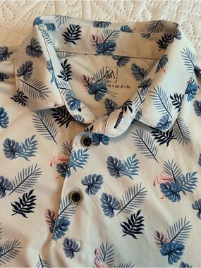 Mizzen+Main Cream Polo with Blue Leaf Print and Pink Flamingo Accents